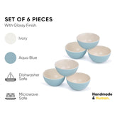 Ceramic Veg Bowls Set Of 6 For Dinner - 180ml Each, Subtle Blue Ivory | Katori Set With Glossy Finish - Stoneware Ceramic Bowls Set | Dessert Bowl Set - Durable & Microwave Safe